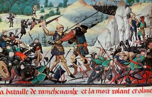 Śmierć rycerza Rolanda, bratanka Karola Wielkiego, w bitwie pod Roncevaux (778) pomiędzy armią Karola Wielkiego a Saracenami. Miniaturowy. Paryż B.N.