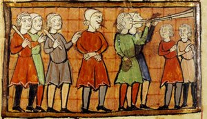 Fałszywy świadek z przebitym językiem skazuje na wędrówkę po ulicach miasta poprzedzony miniaturowymi trębaczami z rękopisu Citeaux. Angers, Biblioteka Miejska autorstwa School French