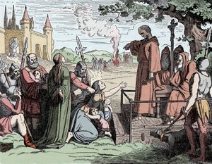 Żydzi skazani na spalenie żywcem w średniowieczu (kolorowa litografia)