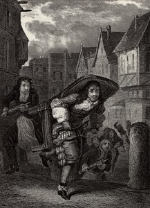 „” Monsieur de Pourceaugnac””” Grawerowanie z „” prac” angielskiego autora Moliere - Scena ze sztuki „” Monsieur de Pourceaugnac”” Jean-Baptiste Poquelin dit Moliere (Jean Baptiste Poquelin autorstwa School French