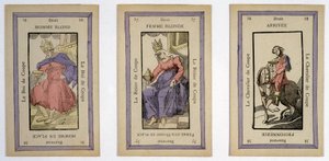 Stare karty do gry z królem (blond mężczyzna), królową (blond kobieta) i jeźdźcem (finisz) puchar. Musée de la Carte à Joueur, Issy-les-Moulineaux. autorstwa School French