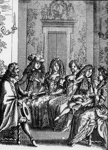 Przedstawienie sceny ze sztuki „La critique de l’ecole des femmes” (1663) Jeana Baptiste Poquelin dit Moliere (1622-1673). autorstwa School French