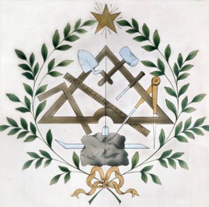 Przedstawienie różnych emblematów masońskich (akwarela) autorstwa School French