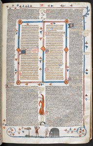 Royal 10 E. IV, f.145 Bass-de-page scena mężczyzny odwiedzającego piekarza, z „Dekretów Grzegorza IX z glossa ordinaria („Dekrety Smithfielda”)” (wellum) autorstwa School French