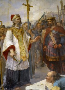 Św. Corentin kładzie pierwszy kamień Cathedrale de Quimper na Odecie w obecności króla Gralona Meura, 435 - obraz kościoła Morlaix autorstwa School French