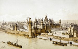 Pałac w Luwrze za panowania króla Karola V (kolorowe grawerowanie) autorstwa School French