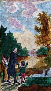 Dzieci z nauczycielem, z „Le Nouveau Chemin du Plaisir”, wydanego w Norymberdze, koniec XVIII lub początek XIX w. (kolorowy drzeworyt) autorstwa School German