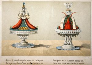 Projekt przedstawiający język wołu na stearynie i homara, ilustracja z węgierskiej książki kucharskiej o kuchni francuskiej, ok. 1880 (kolor litho) autorstwa School Hungarian