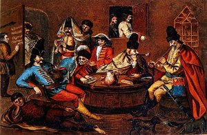 Zbuntowani żołnierze księcia Ferenca Rakoczego II odpoczywający z towarzyszami (kolor lito) (według węgierskiego obrazu z XVII wieku)