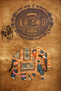 Słoń, ręcznie malowany i stary papier stemplowy, Jaipur, Radżastan, Indie autorstwa School Indian