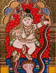 Wytłoczony obraz Pana Bal Krishna Tanjore autorstwa School Indian