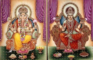 Pan Ganesh Ganpati Bogini i Lakshmi Miniatura malowana na kości słoniowej autorstwa School Indian