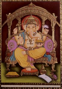 Miniaturowy obraz Lorda Ganesha Ganpati na papierze ze złotym tłoczeniem autorstwa School Indian
