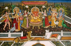 Pan Ganesh Ganpati z Brahmą, Wisznu, Sziwą, Durgą, Miniatura na papierze autorstwa School Indian