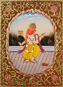 Miniaturowy obraz Lorda Ganesha Ganpati na papierze z haftem autorstwa School Indian