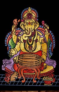 Pan Ganesha Ganpati grający na instrumencie muzycznym haftuje pracę autorstwa School Indian