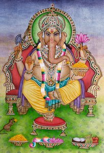 Pan Ganesha Ganpati w miniaturze malowanej na papierze autorstwa School Indian