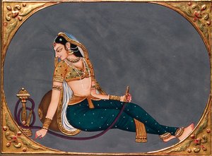 Miniaturowy obraz na papierze Dama delektująca się fajką wodną autorstwa School Indian