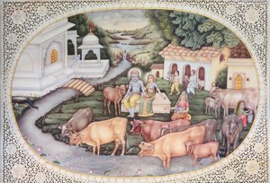 Miniatura przedstawiająca Krysznę, mleczarkę siedzącą na polu z bydłem (akwarela na kości słoniowej) autorstwa School Indian