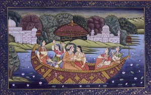 Miniaturowy obraz Mughal na papierze, scena miłosna króla i muzyka w łodzi autorstwa School Indian