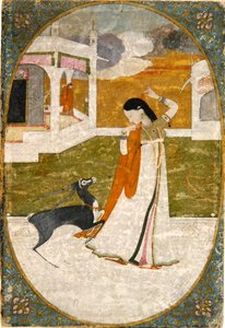 Nayika z jeleniem, Punjab Hills (nieprzezroczysta akwarela na papierze) autorstwa School Indian