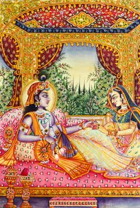 Miniaturowy obraz Radha Krishna na kości słoniowej autorstwa School Indian