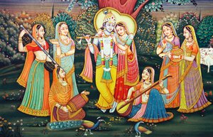 Radha Kryszna z Sakhis cieszą się muzyką autorstwa School Indian