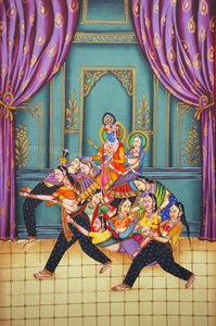 Radha Krishna z Sakhis Miniaturowy obraz na papierze autorstwa School Indian