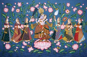 Radha Krishna z Sakhis Miniaturowy obraz na papierze autorstwa School Indian
