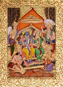 Ram Darbar w miniaturze malowanej na papierze ze złotym tłoczeniem autorstwa School Indian