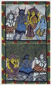 Shiva daje życie Ganesha (Ganesh lub Ganapati), w ramionach swojej matki Parvati, po przecięciu jej głowy w ramię gniewu. Pat: malowana rolka z regionu Bengalu, służąca jako medium narracyjne dla muzyków Baoul (lub Baul). Leonard de Selva specia