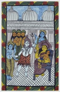 Bogowie przychodzą podziwiać Krisznę, ucieleśniającą się w ciele pięknego dziecka, Ganesha (Ganesh lub Ganapati) siedzącego na kolanach swojej matki Parvati. Pat: malowana rolka z regionu Bengalu, służąca jako medium narracyjne dla śpiewaków Baoul (Baul).  autorstwa School Indian