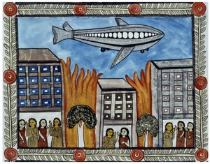 Historia ataków z 11 września 2001 roku opowiedziana przez handlarzy Baul z Bengalu. Obraz, seria, numer 6/9, Bengal. autorstwa School Indian