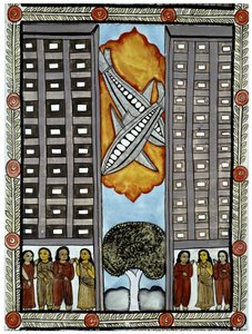 Historia zamachów z 11 września 2001 roku opowiedziana przez handlarzy Baul z Bengalu, ilustracja samolotów biorących udział w World Trade Center w Nowym Jorku. Obraz, seria, numer 3/9, Bengal. autorstwa School Indian