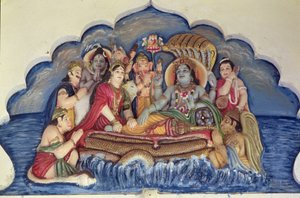 Wisznu Narajana unoszący się na Szeszanadze (malowana płaskorzeźba) autorstwa School Indian