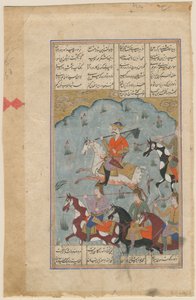 Fereydoun ma swoją broń przeciwko Tiranowi Zahak (Zahak e Tazi lub Bivar Asp). Extrait du Shahnamah de Ferdowsi (10eme siecle) – Faridun prowadzący Persów przeciwko tyranowi Zahhak (rękopis iluminacji z epickiego Shahname autorstwa Ferdowsi) – irański