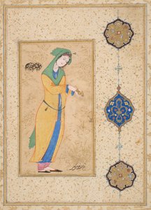 Houri stojąca w ogrodzie (nieprzezroczysta akwarela na papierze) autorstwa School Iranian