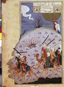 Majnun ogląda bitwę między Nawfalem a plemieniem Laili przez irańskiego mistrza. (Akwarela, gwasz, kolor biały, tusz na papierze) autorstwa School Iranian