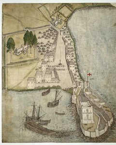 Zamek i miasto Carrickfergus, Irlandia, ok. 1560 (pióro i atrament oraz akwarela na papierze)
