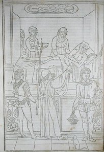 Lekarz odwiedzający pacjenta, z „Fascilulus Medicinae” Johannesa de Ketham (zm. 1490) XV-XVI w. (drzewryt) autorstwa School Italian