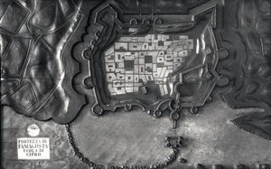 Mapa reliefowa Twierdzy Famagosta na wyspie Cypr w XVII wieku (zdjęcie czarno-białe) autorstwa School Italian