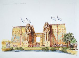 Starożytne Teby - rekonstrukcja posągów Amemhotepa III, zwanych Kolosami Memnona, za czasów Ramzesa II (kolor lito)