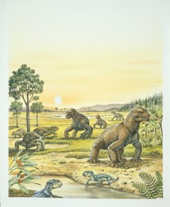 Anomodonty na pierwszym planie, pareizaury po lewej i dinozaury z prawej strony, paleozoik, okres permski (kolor lito) autorstwa School Italian