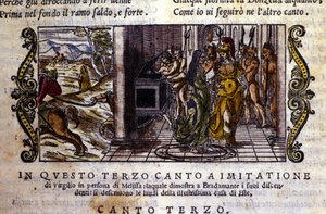 Bradamante spotyka magik Melissę, która opowiada jej, że ona i Roger (Ruggero, Ruggiero) założyli dynastię Este, Scena zaczerpnięta z rycerskiego poematu „Orlando Furioso” (Wściekły Rolanda) Ludovico Ariosto (1474 - 1533) dit L