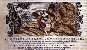 Bradamante rozdziera Brunelowi swój czarujący pierścień, dzięki któremu niweczy moc Atlanty i dostarcza Rogera (Ruggero, Ruggiero), scenę rycerskiego poematu Ludovico Ariosto (1474 - 1533) „Orlando Furioso” (Wściekły Rolanda) dt L „Arioste, Pieśń I” autorstwa School Italian