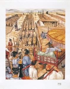 Budynek mauzoleum cesarza Qin Shi Huang-Ti, III wiek p.n.e. (kolor lito) autorstwa School Italian