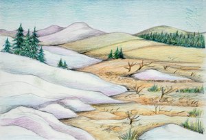 Prehistoria - czwartorzęd - rekonstrukcja środowiska naturalnego (litografia kolorowa) autorstwa School Italian