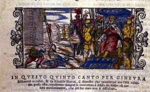 Księżniczka Ginevra jest niewinna, a walka oszczercy z nieznanym rycerzem, który przybył bronić Ginevry, zostaje przerwana. scena z poematu rycerskiego „Orlando Furioso” (Wściekły Roland) Ludovica Ariosto (1474 - 1533) zwanego L