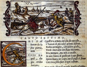 Olbrzymia Eryfila na wilku walczy z Rogerem (Ruggero, Ruggiero) - Scena z rycerskiego poematu Ludovico Ariosto (1474 - 1533) „Orlando Furioso” (Wściekły Rolanda) zwanego L