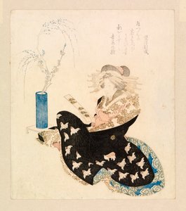 Kurtyzana czytająca tanzaku (kolorowy drzeworyt) autorstwa School Japanese